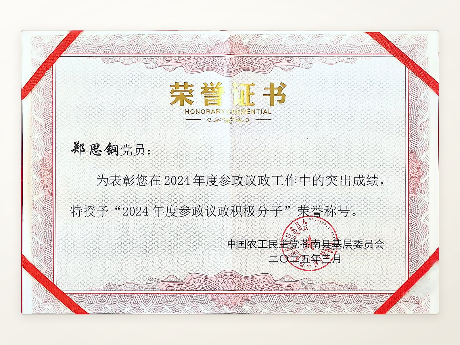 2024年度参政议政积极分子荣誉证书