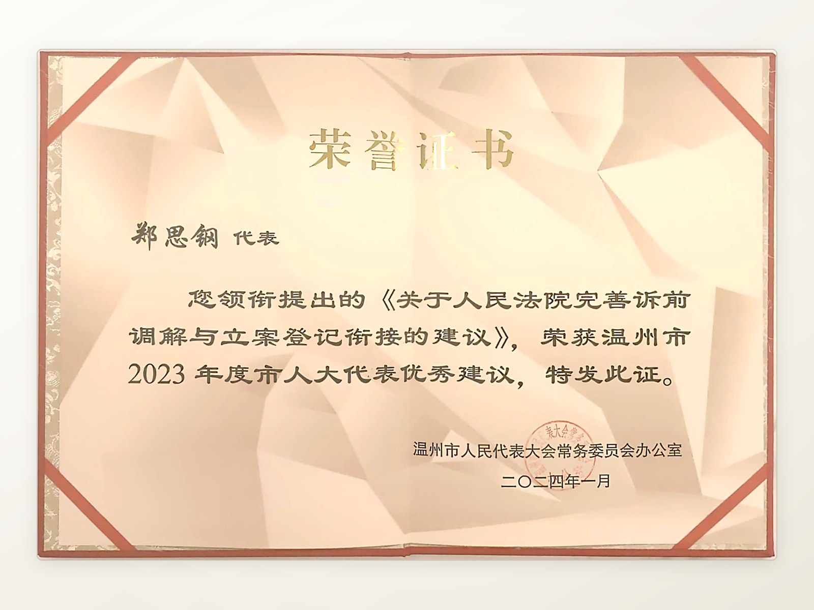 2023年度温州市人大代表优秀建议荣誉证书