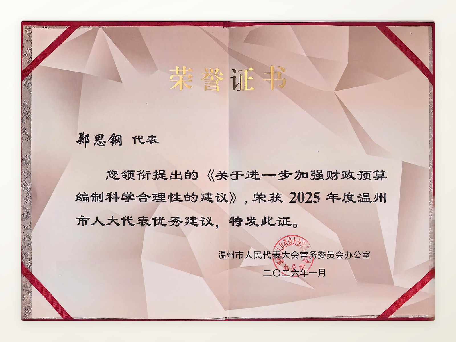 2025年度温州市人大代表优秀建议荣誉证书
