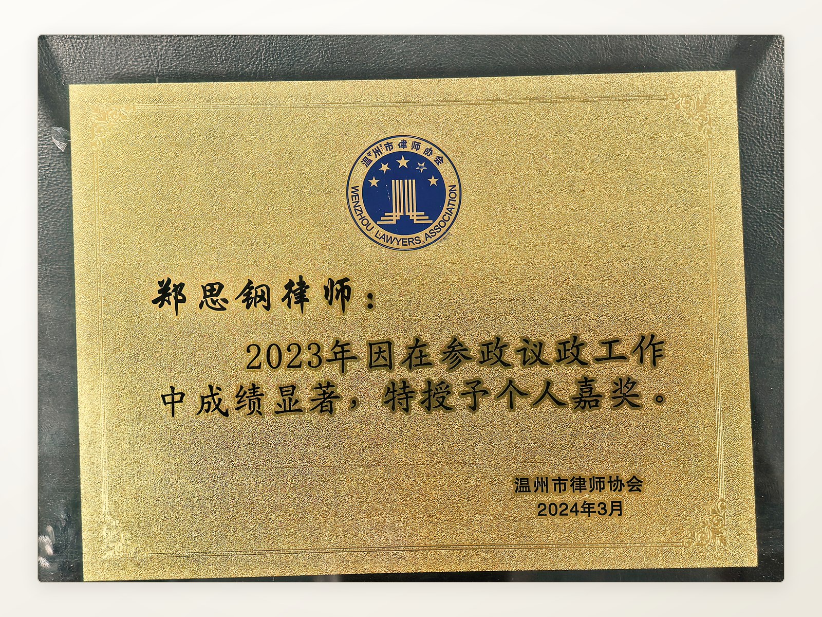 温州市律师协会个人嘉奖奖牌